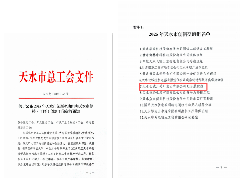 匠心筑創(chuàng)新 班組顯擔(dān)當(dāng) —— 長(zhǎng)開(kāi)廠(chǎng)集團(tuán)GIS裝配組獲評(píng)2025年天水市創(chuàng)新型班組